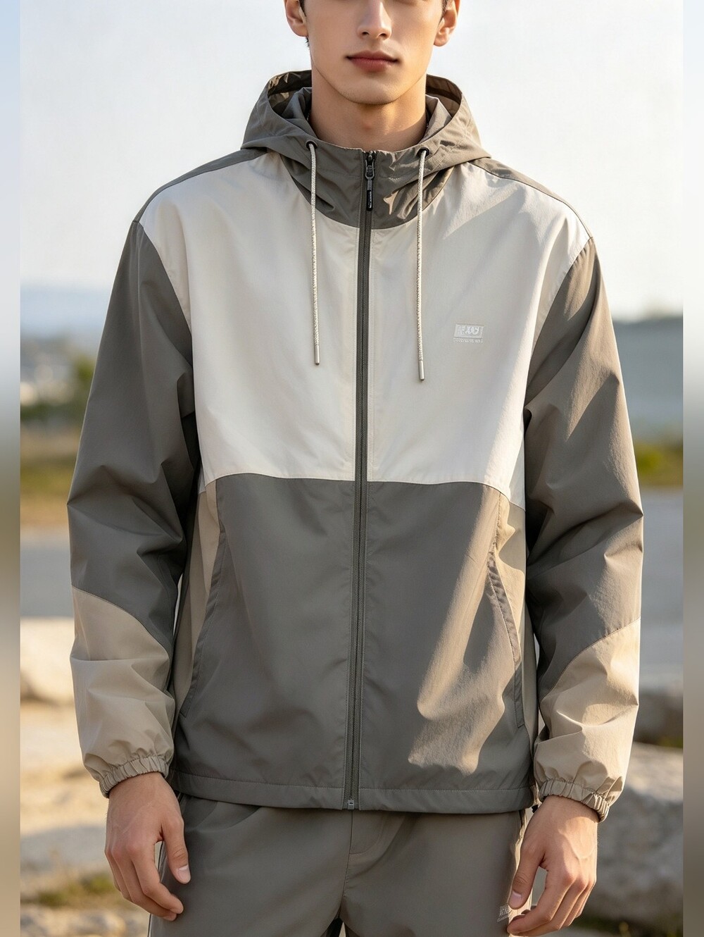 New Balance Men’s Colorblock Hooded Windbreaker Jacket Gray Tan Size M